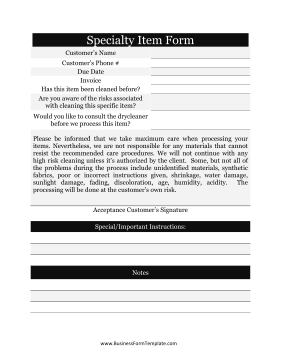 Specialty Item Form Business Form Template