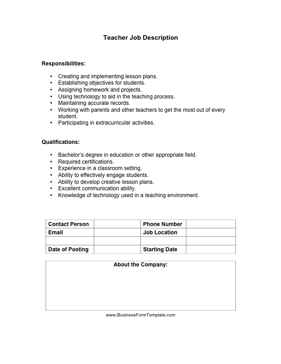 Teacher Job Description Business Form Template