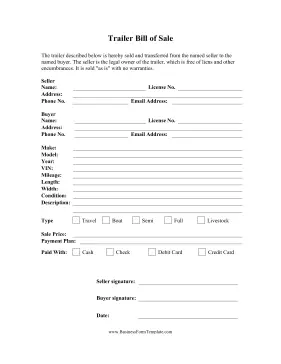 Trailer Bill Of Sale Business Form Template