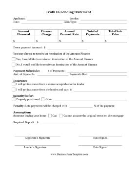 Truth In Lending Statement Business Form Template