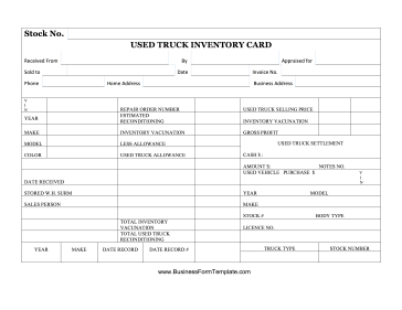 Used Truck Inventory Card Business Form Template