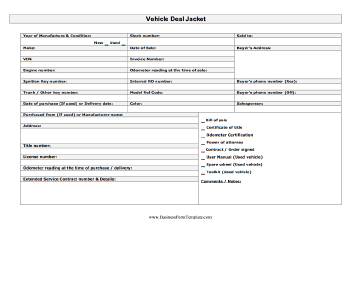 Vehicle Deal Jacket Business Form Template