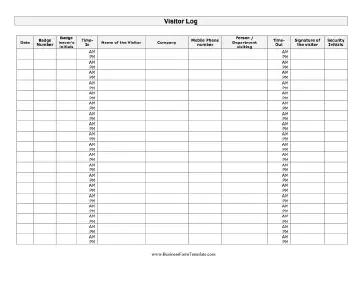Visitor Log Business Form Template