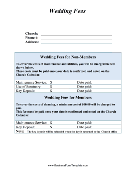 Wedding Reception Fees Business Form Template