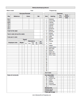 Weekly Bookkeeping Record Business Form Template