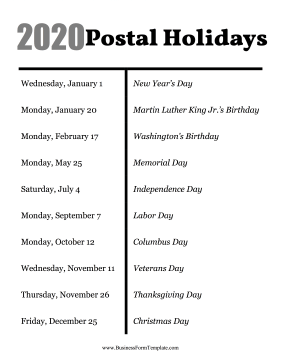 2020 Postal Holidays Business Form Template