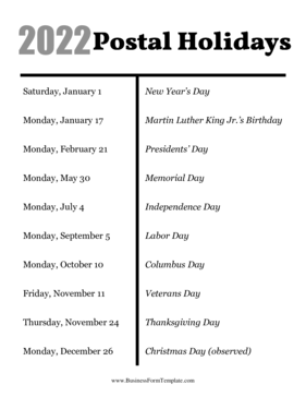 2022 Postal Holidays Business Form Template