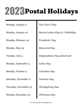 2023 Postal Holidays Business Form Template