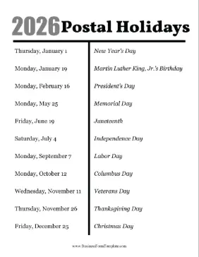 2025 Postal Holidays Business Form Template