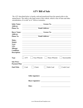 ATV Bill Of Sale Business Form Template