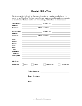 Absolute Bill Of Sale Business Form Template