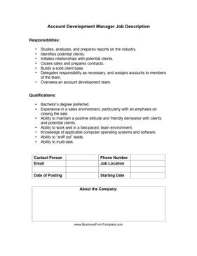 Account Development Manager Job Description Business Form Template