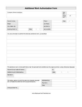 Additional Work Authorization Form Business Form Template