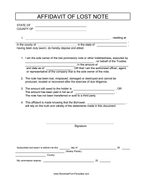 Affidavit Of Lost Note Business Form Template