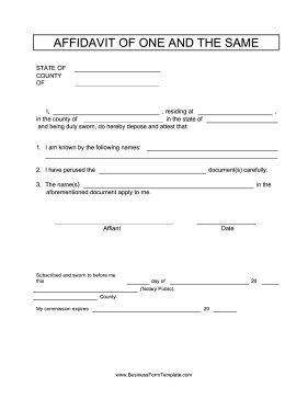 Affidavit Of One And The Same Business Form Template