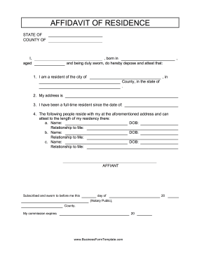 Affidavit Of Residence Business Form Template