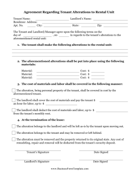 Agreement On Tenant Alterations To Rental Unit Business Form Template