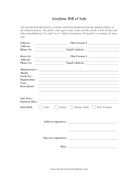 Airplane Bill Of Sale Business Form Template