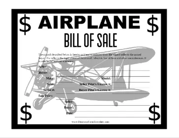 Airplane Bill Of Sale Certificate Business Form Template