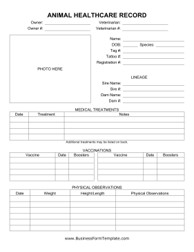 Animal Healthcare Record Business Form Template