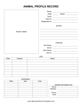 Animal Profile Record Business Form Template