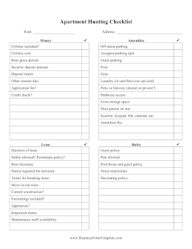 Apartment Hunting Checklist Business Form Template