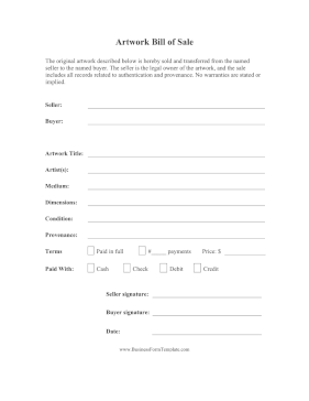 Artwork Bill Of Sale Business Form Template