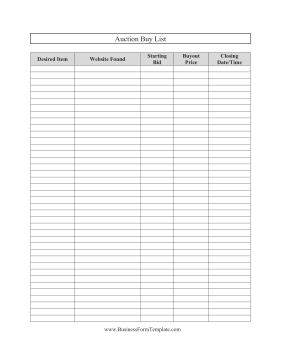 Auction Buy List Business Form Template