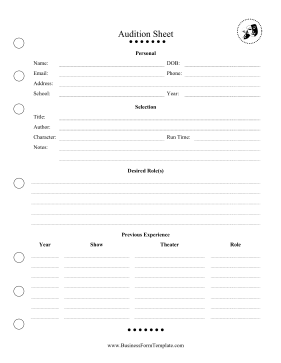 Audition Sheet Business Form Template