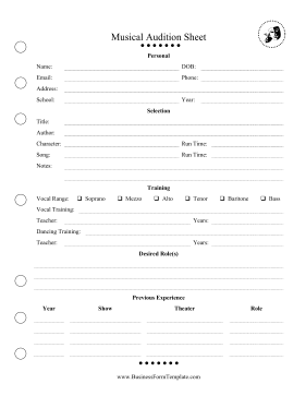 Audition Sheet Musical Business Form Template