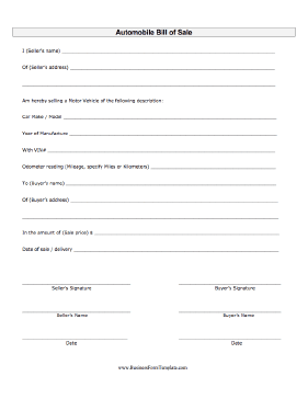 Auto Bill Of Sale Business Form Template