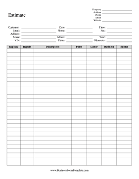 Auto Estimate Form Business Form Template