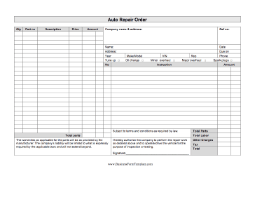 Auto Repair Order Business Form Template