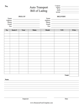 Auto Transport Bill of Lading Business Form Template