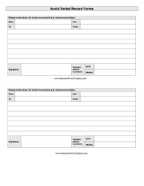 Avoid Verbal Orders AVO Form Business Form Template