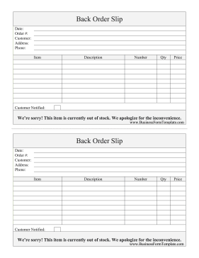 Back Order Slip Business Form Template