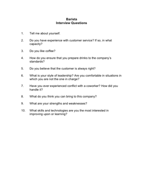 Barista Interview Questions Business Form Template