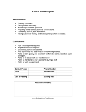 Barista Job Description Business Form Template