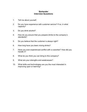 Bartender Interview Questions Business Form Template