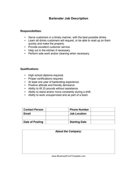 Bartender Job Description Business Form Template