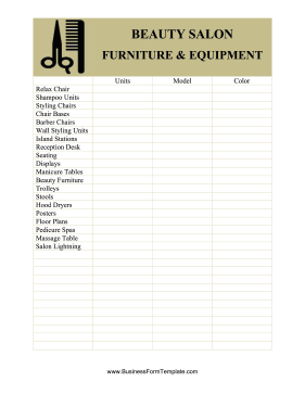 Beauty Salon Equipment And Furniture Inventory Card Business Form Template