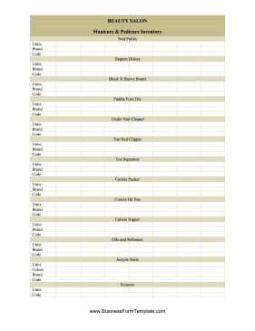 Beauty Salon Manicure And Pedicure Inventory Card Business Form Template