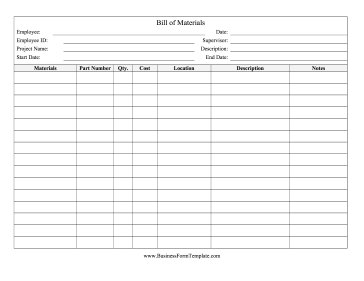 Bill of Materials Business Form Template