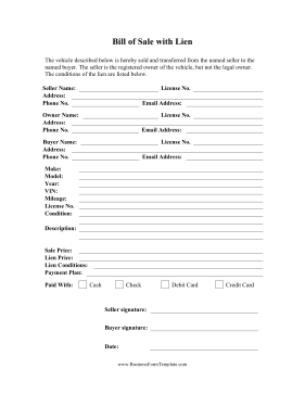 Bill of Sale With Lien Business Form Template