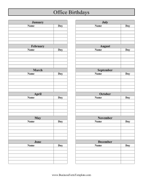 Birthday Calendar One Page Business Form Template