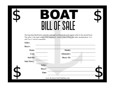 Boat Bill Of Sale Certificate Business Form Template