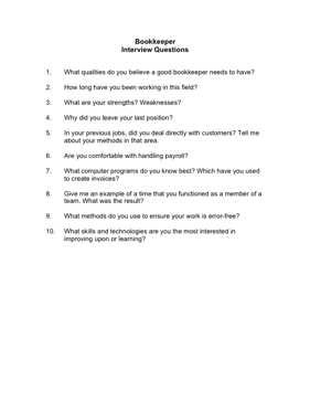 Bookkeeper Interview Questions Business Form Template