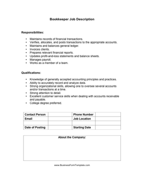 Bookkeeper Job Description Business Form Template