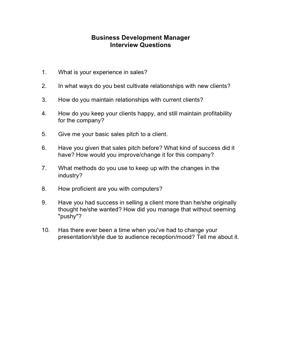 Business Development Manager Interview Questions Business Form Template