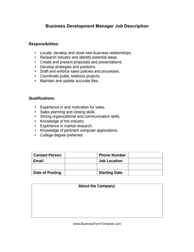 Business Development Manager Job Description Business Form Template